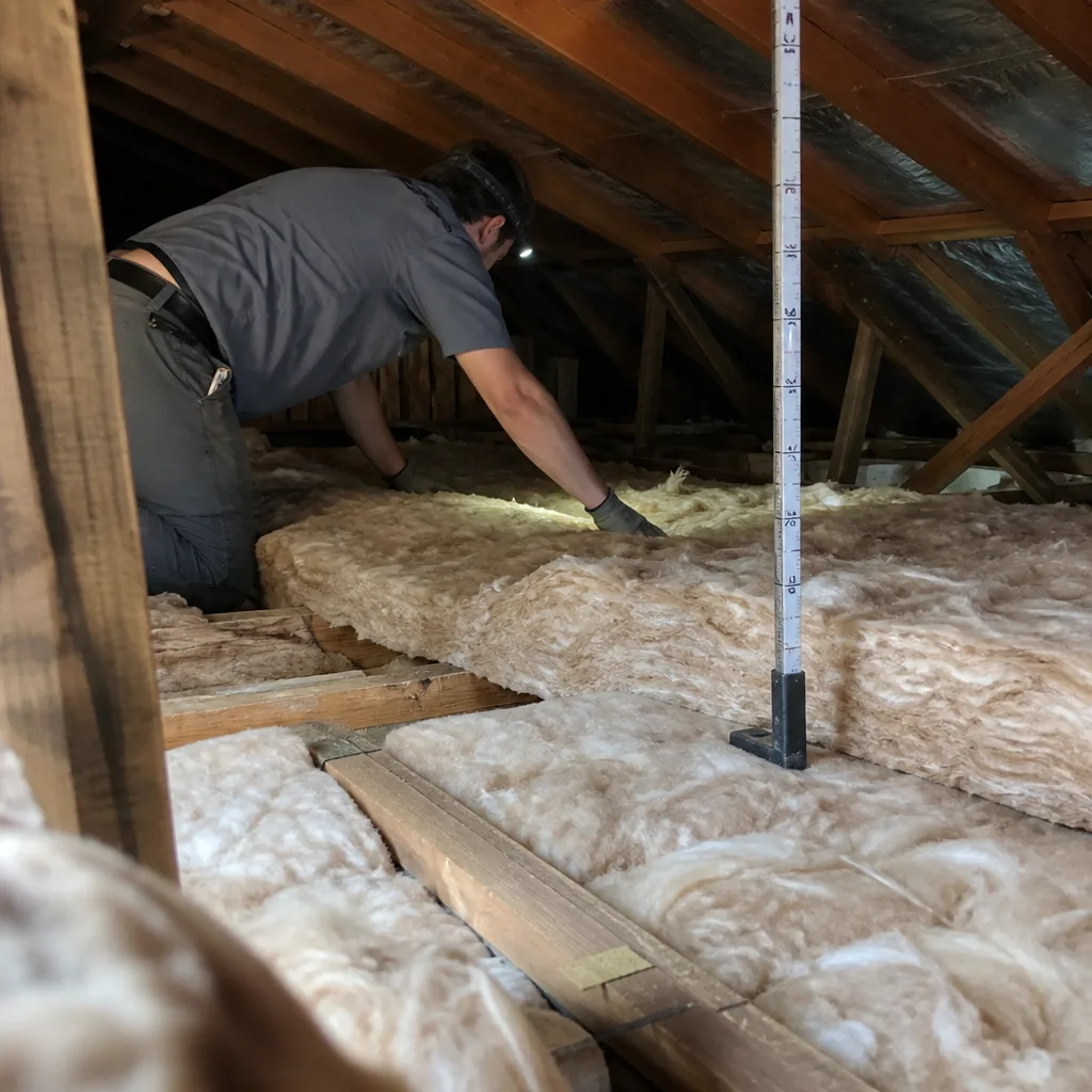 Professional technician installing fiberglass attic insulation