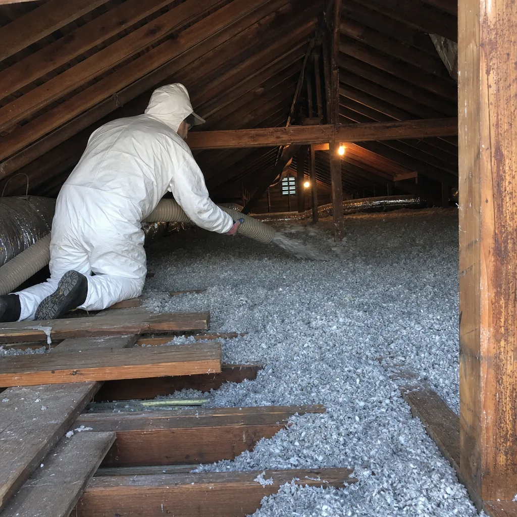 Professional technician installing blown-in attic insulation in a wooden house frame