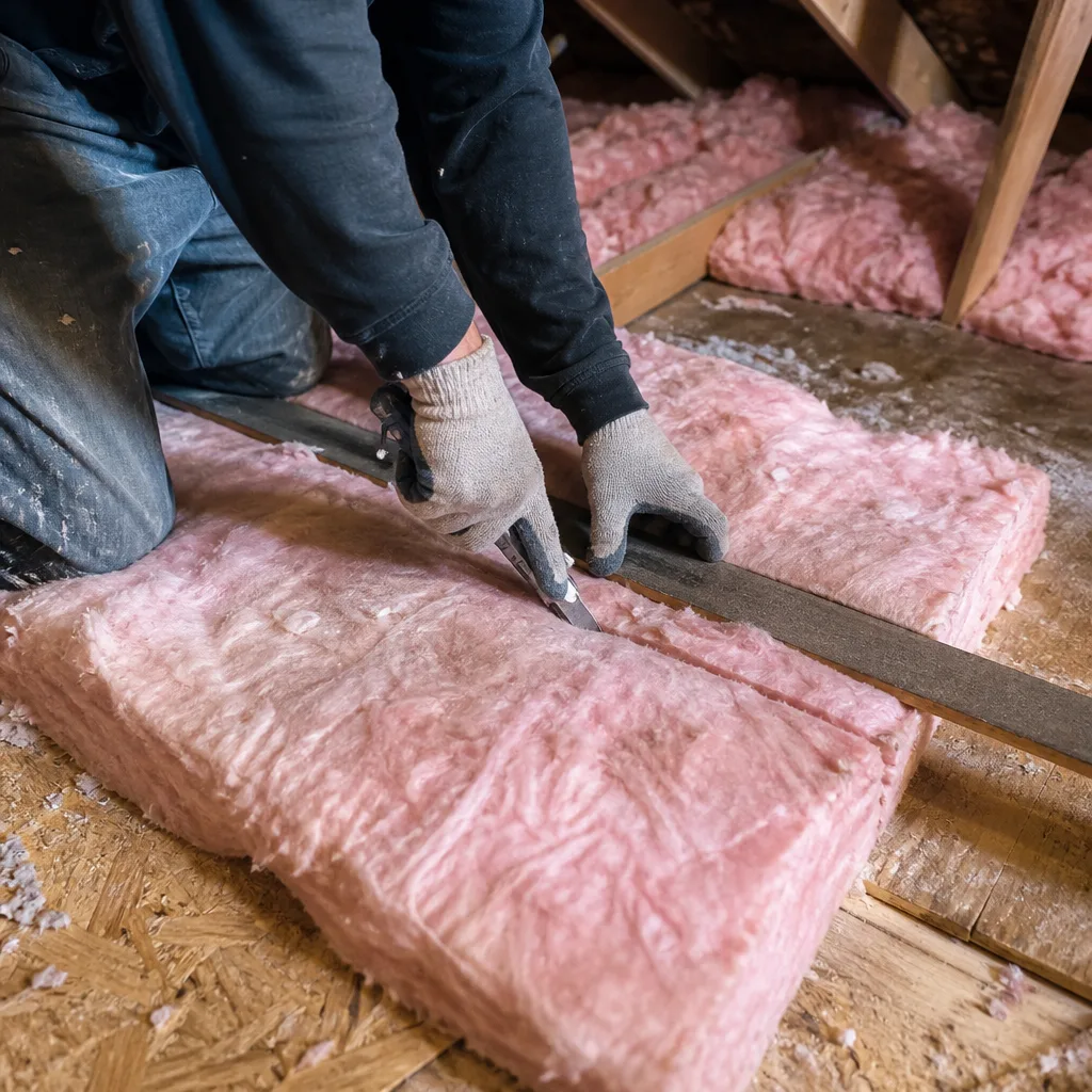 Professional installer cutting pink fiberglass batt insulation in an attic