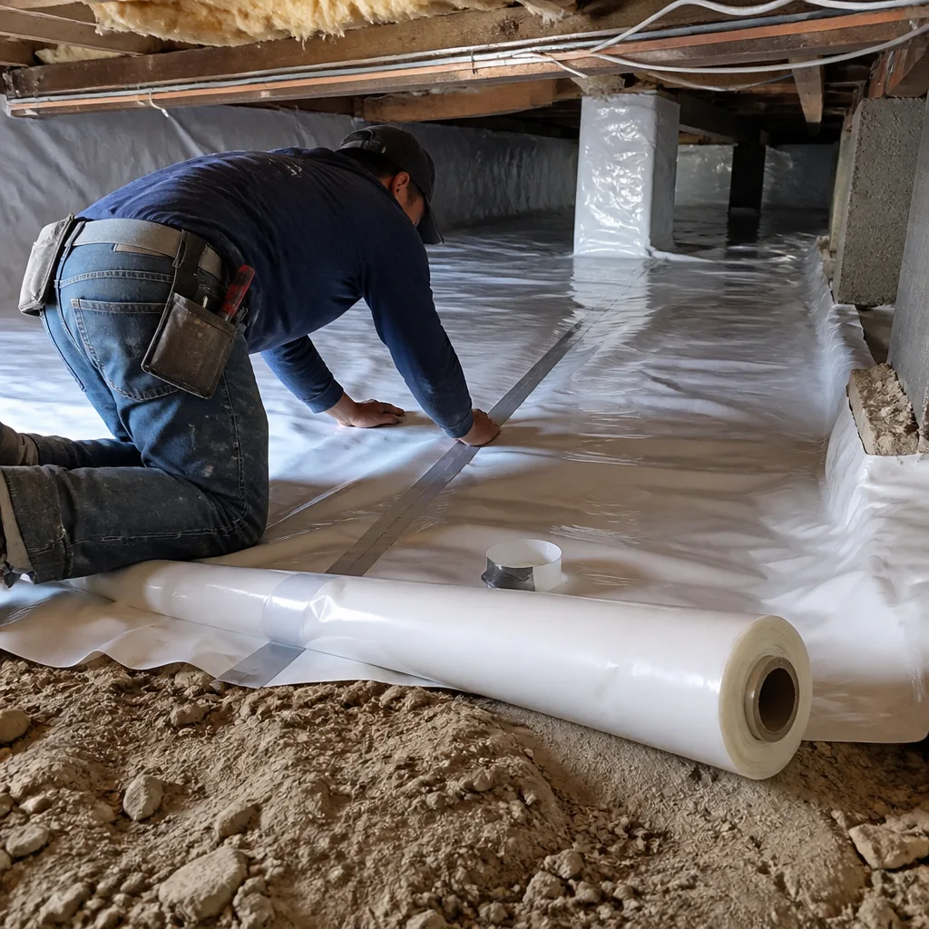 Contractor installing professional crawl space encapsulation vapor barrier system