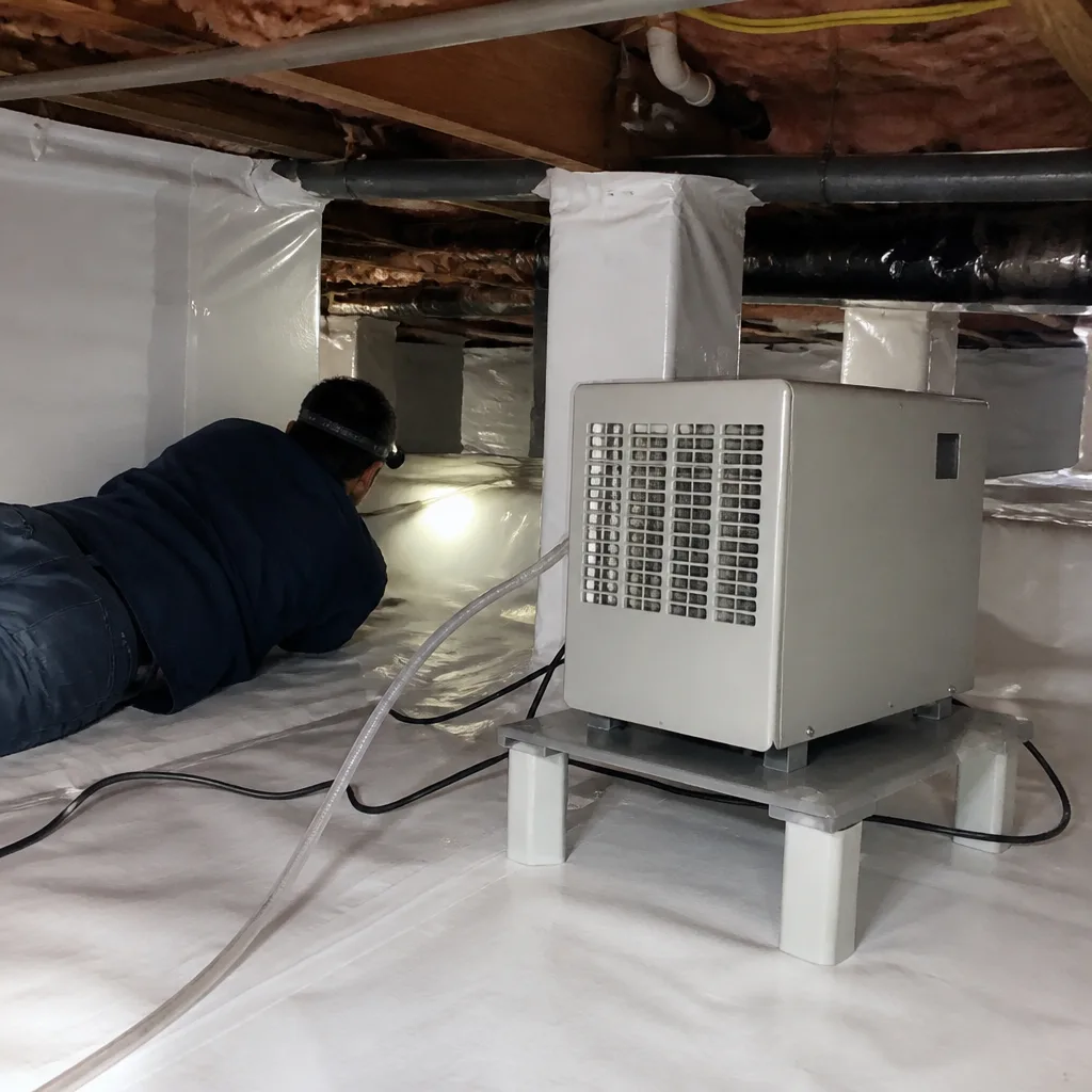Technician performing crawl space encapsulation with vapor barrier and dehumidifier system