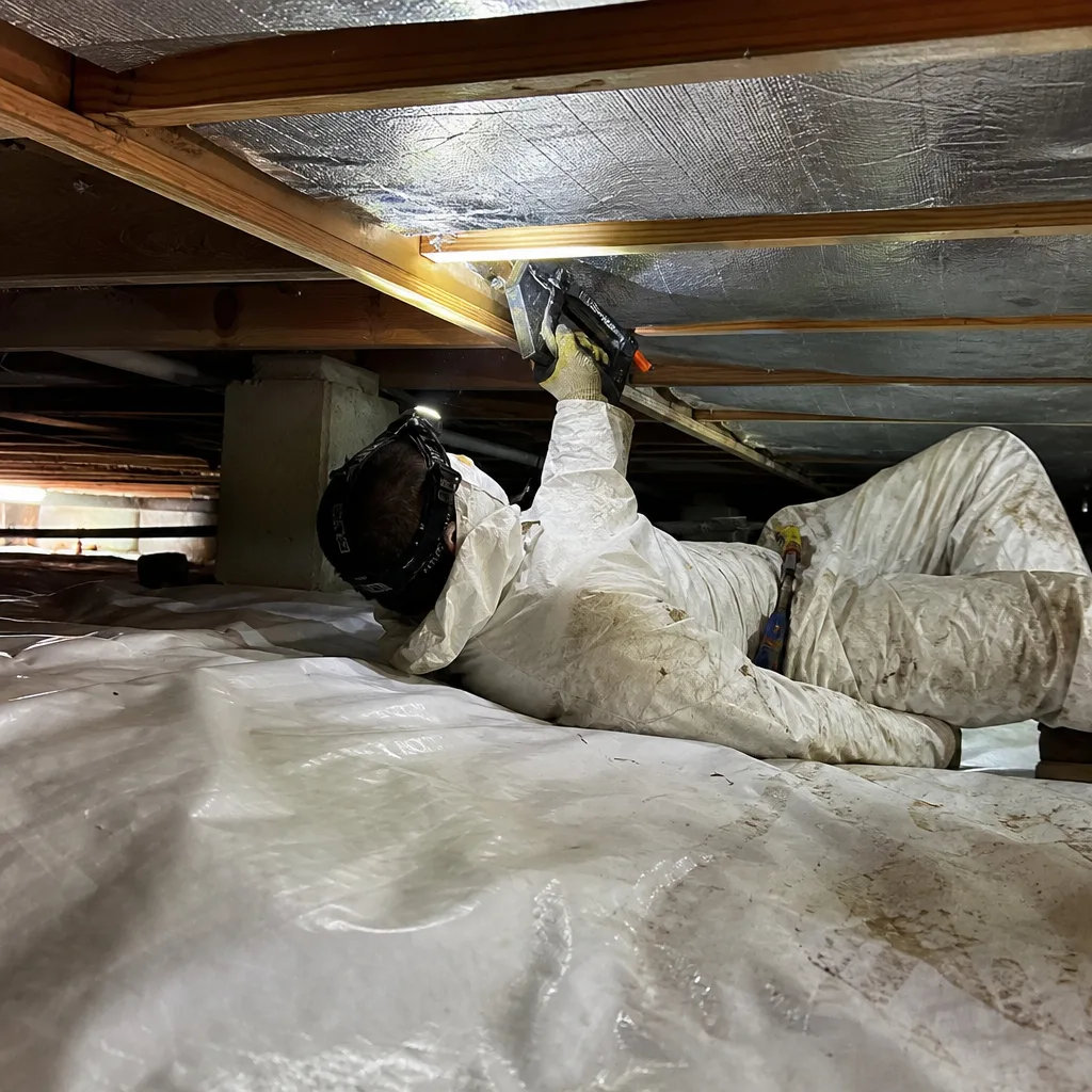 Technician installing professional crawl space vapor barrier and insulation